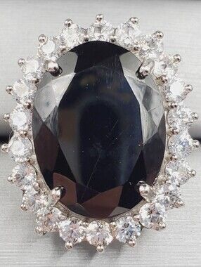 15 Carat Thai Black Spinel & White Zircon Halo Platinum - 925 Silver Ring